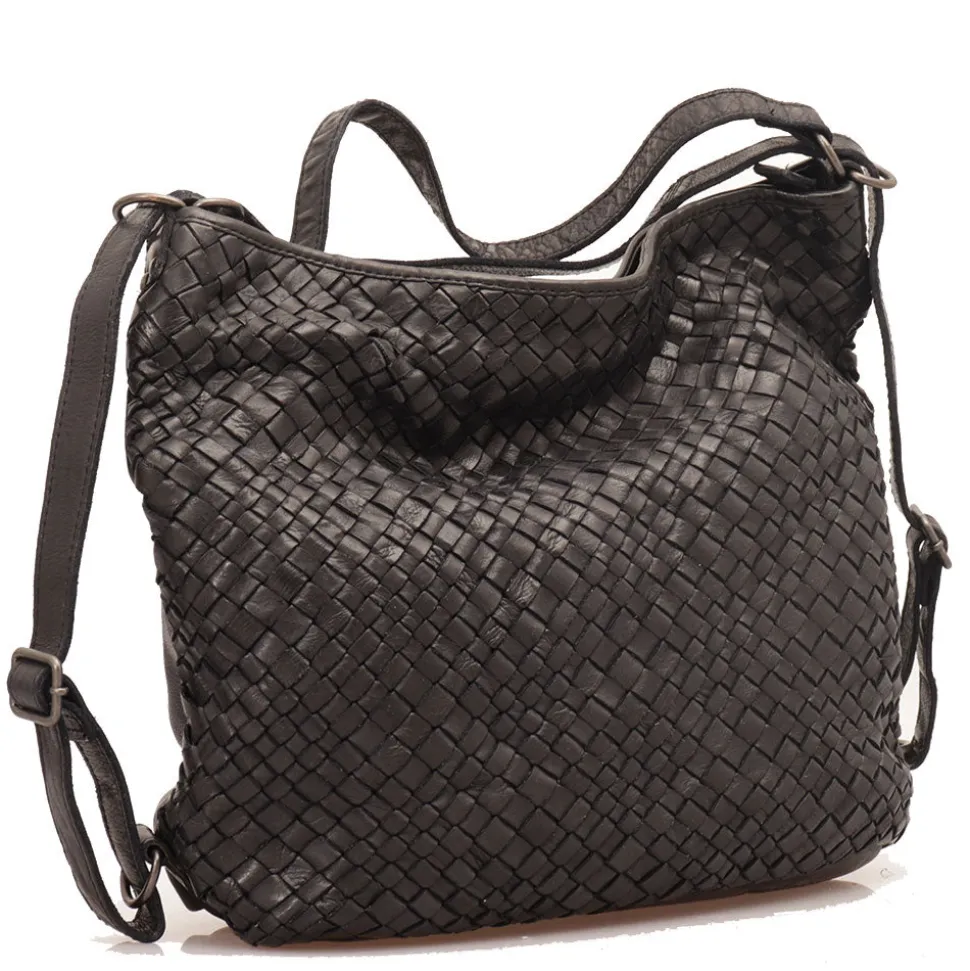 Borsa Donna con Portabilità a Zaino GIANNI CONTI in Pelle Intrecciata Nera