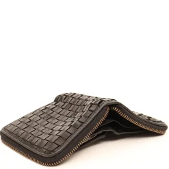 Portafoglio Donna Piccolo Zip Around in Pelle Nera Intrecciata Gianni Conti