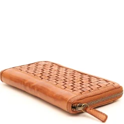 Portafoglio Donna Zip Around in Pelle Color Cognac Intrecciata Gianni Conti