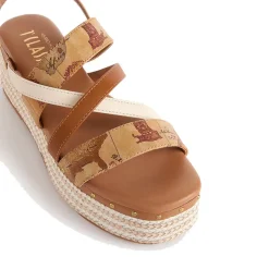 Sandali con Zeppa 6,5 cm 1A Classe Alviero Martini in Eco Nappa Bianca e Geo Classic 1113