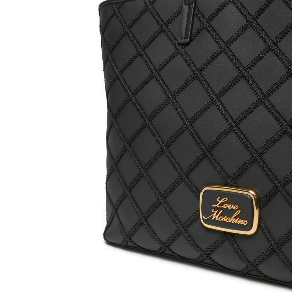 Shopping Bag LOVE MOSCHINO con Ricamo a Scacchi Nero