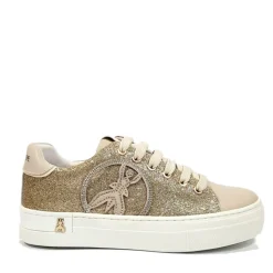 Sneakers PATRIZIA PEPE Girl con Glitter Oro All Over e Inserti in Pelle Beige