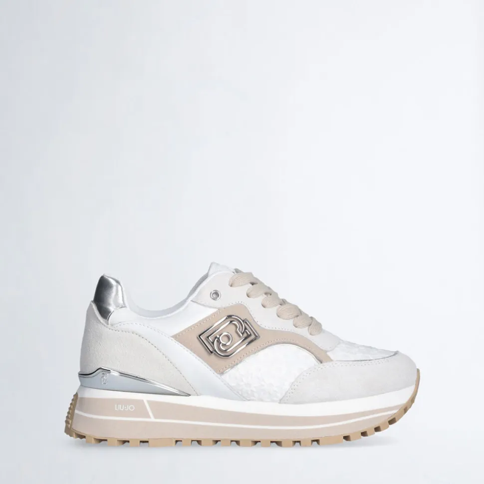 Sneakers Platform Donna LIU JO Maxi Wonder 73 in Suede e Ricamo Floreale Off White
