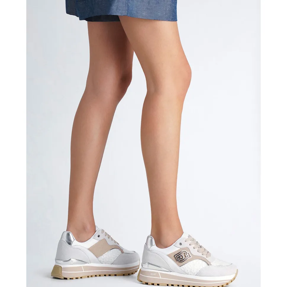 Sneakers Platform Donna LIU JO Maxi Wonder 73 in Suede e Ricamo Floreale Off White