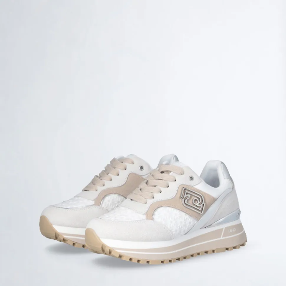 Sneakers Platform Donna LIU JO Maxi Wonder 73 in Suede e Ricamo Floreale Off White