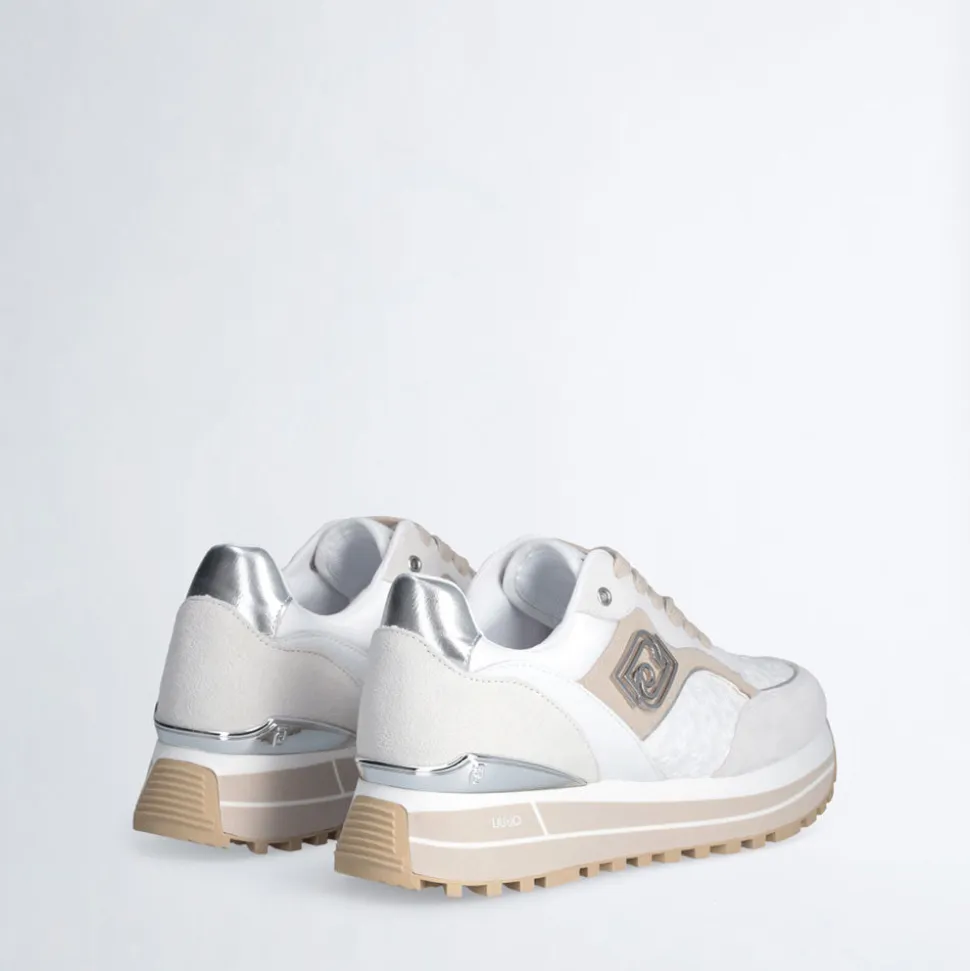 Sneakers Platform Donna LIU JO Maxi Wonder 73 in Suede e Ricamo Floreale Off White