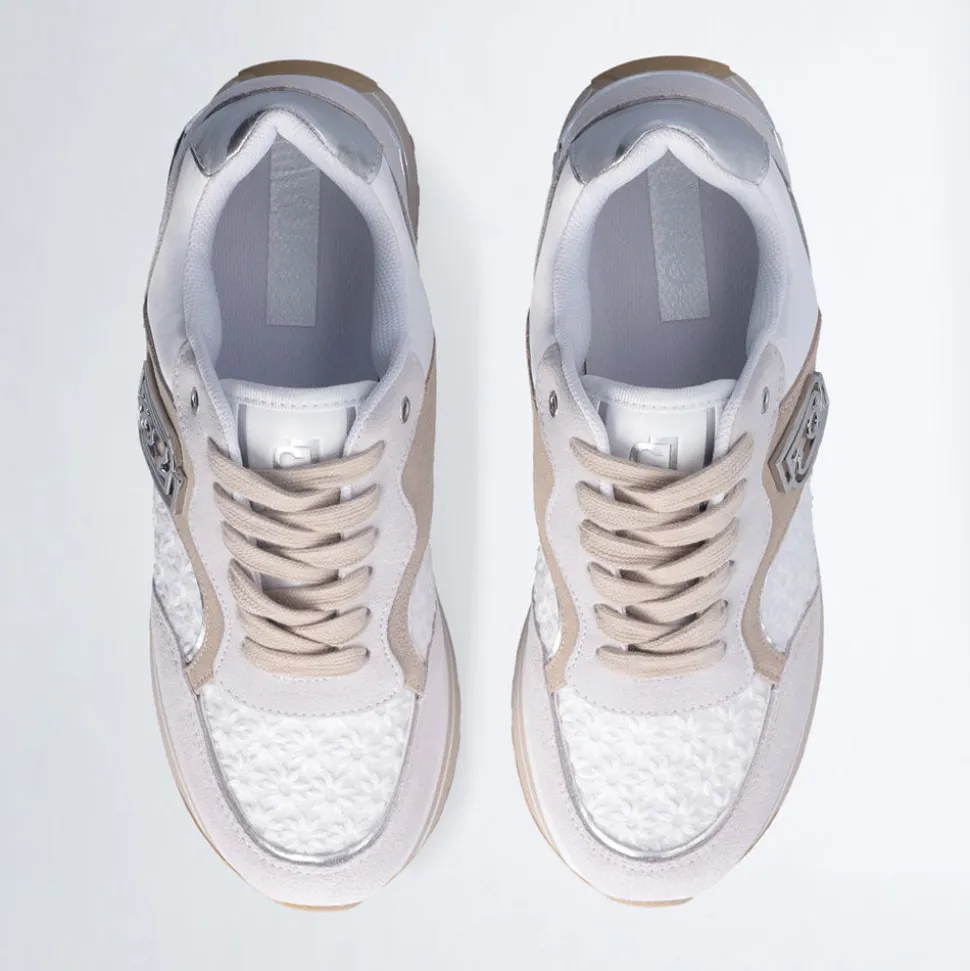 Sneakers Platform Donna LIU JO Maxi Wonder 73 in Suede e Ricamo Floreale Off White